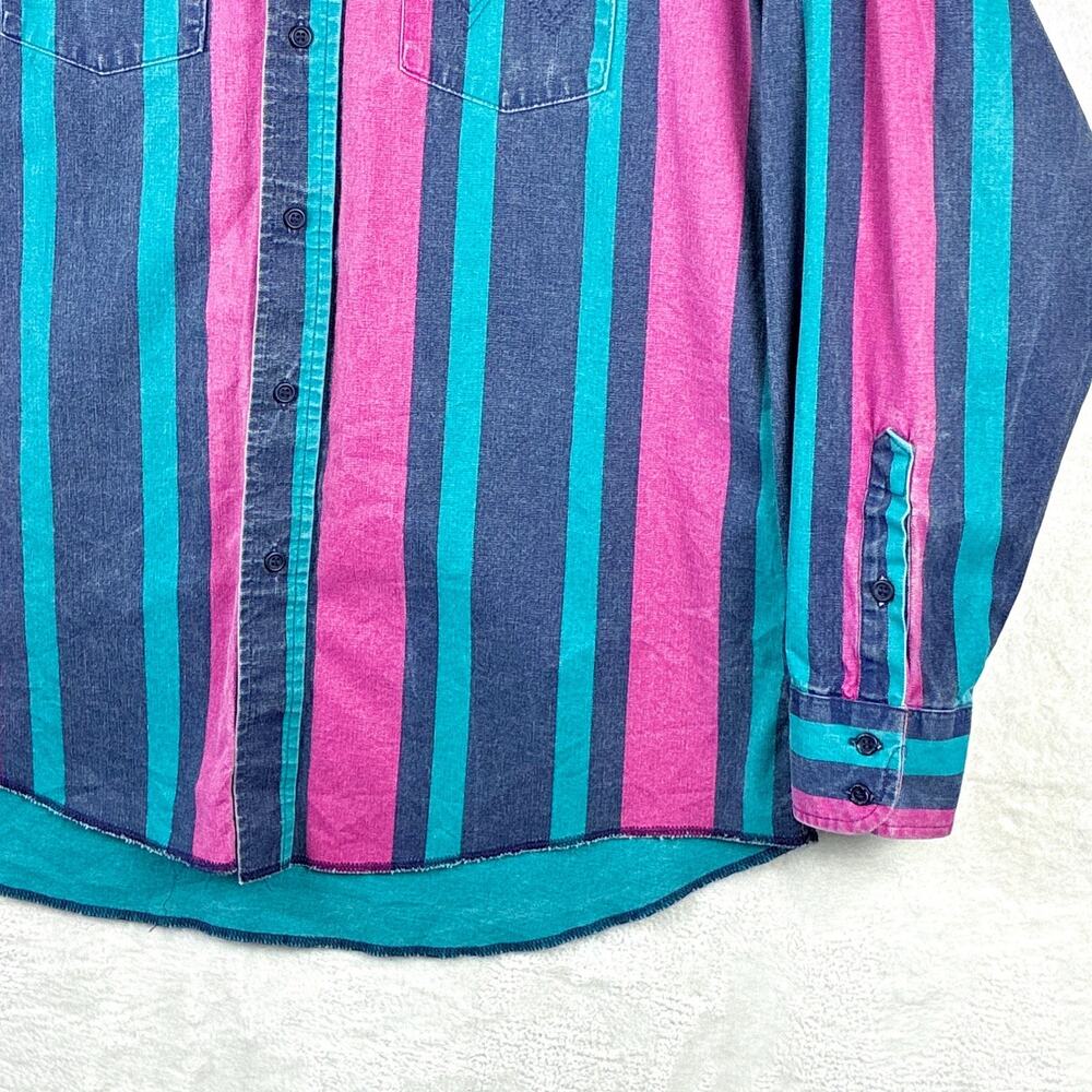 VTG Wrangler Brushpopper Shirt Men XL 17-35 Blue Pink Green Striped Cowboy USA - Picture 3 of 13